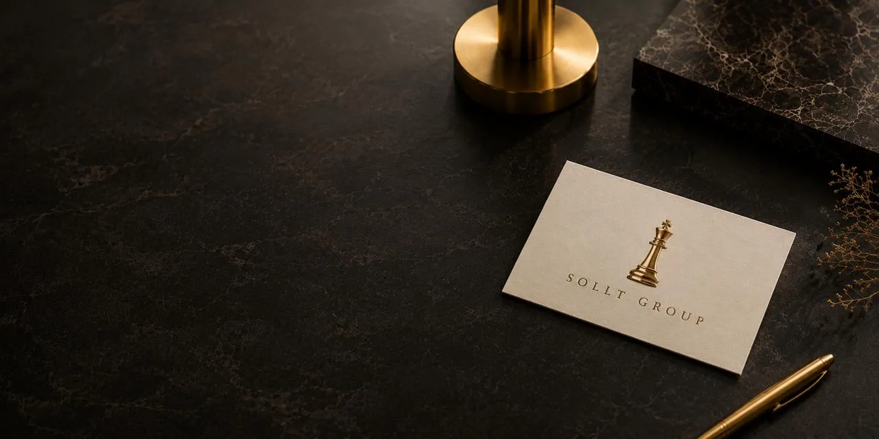 SOLLT GROUP business card on a premium dark desk